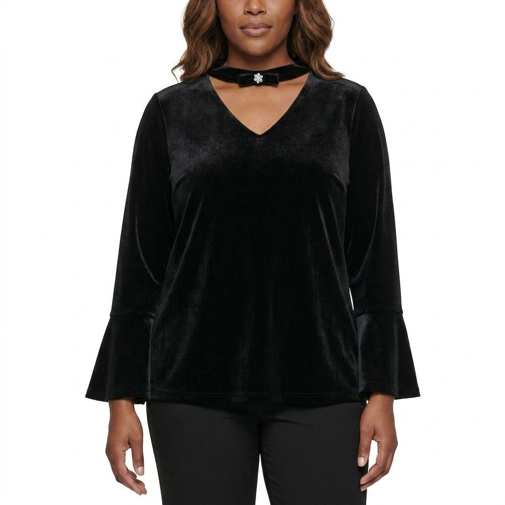 Karl Lagerfeld Paris Velvet Choker V-Neck Bell Top Women See Measurements